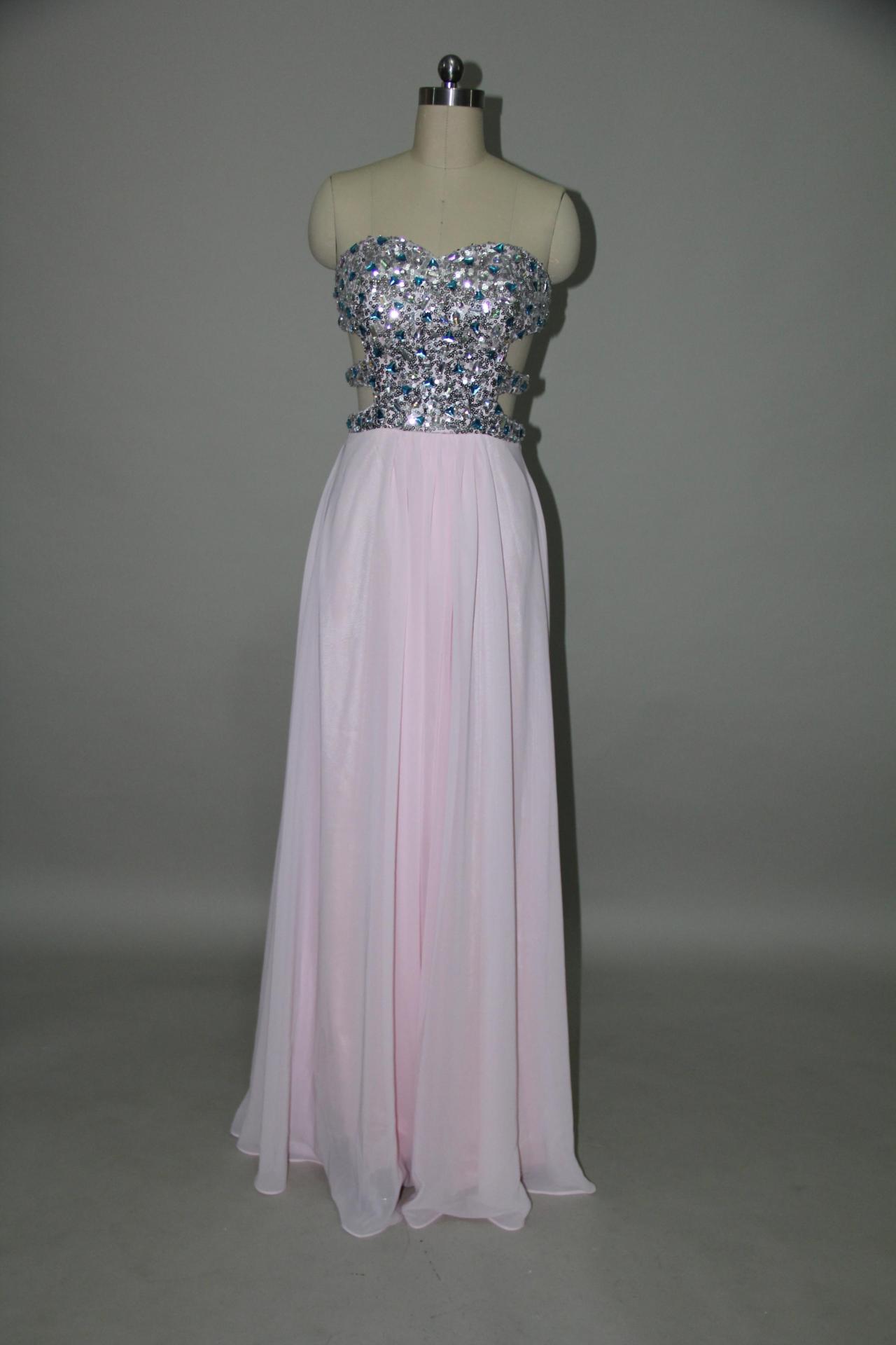 Gorgeous Light Pink Floor Length Backless Prom Dress With Rhinestones, Long Prom Dresses, Handmade Prom Dresses