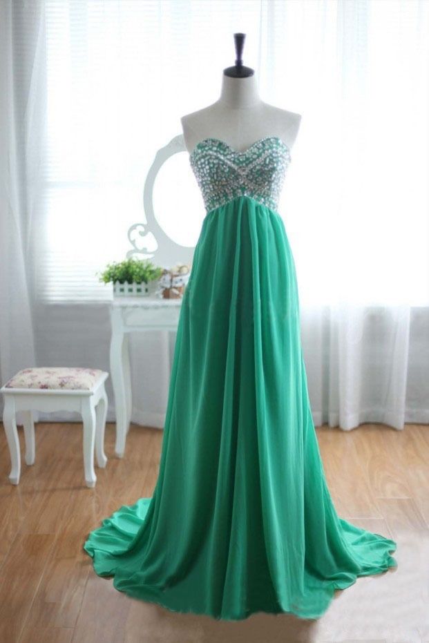 High Quality Chiffon Sweetheart Green Long Prom Dresses With Beadings, Green Prom Dresses, Long Prom Dress, Formal Dress