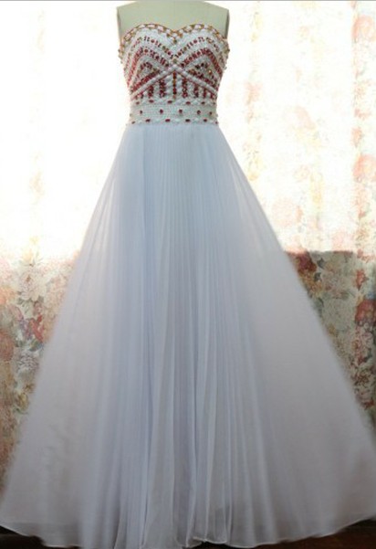 High Quality Chiffon Sweetheart A-line White Prom Dresses With Red Beadings,pretty White Prom Dresses, Prom 2015, Evening Dresses