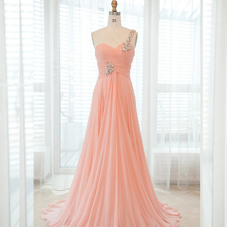 Lovely Blush Pink One Shoulder Chiffon Sweep Train Prom Dresses, Pink Prom Dresses, Long Prom Dresses, Handmade Prom Dresses