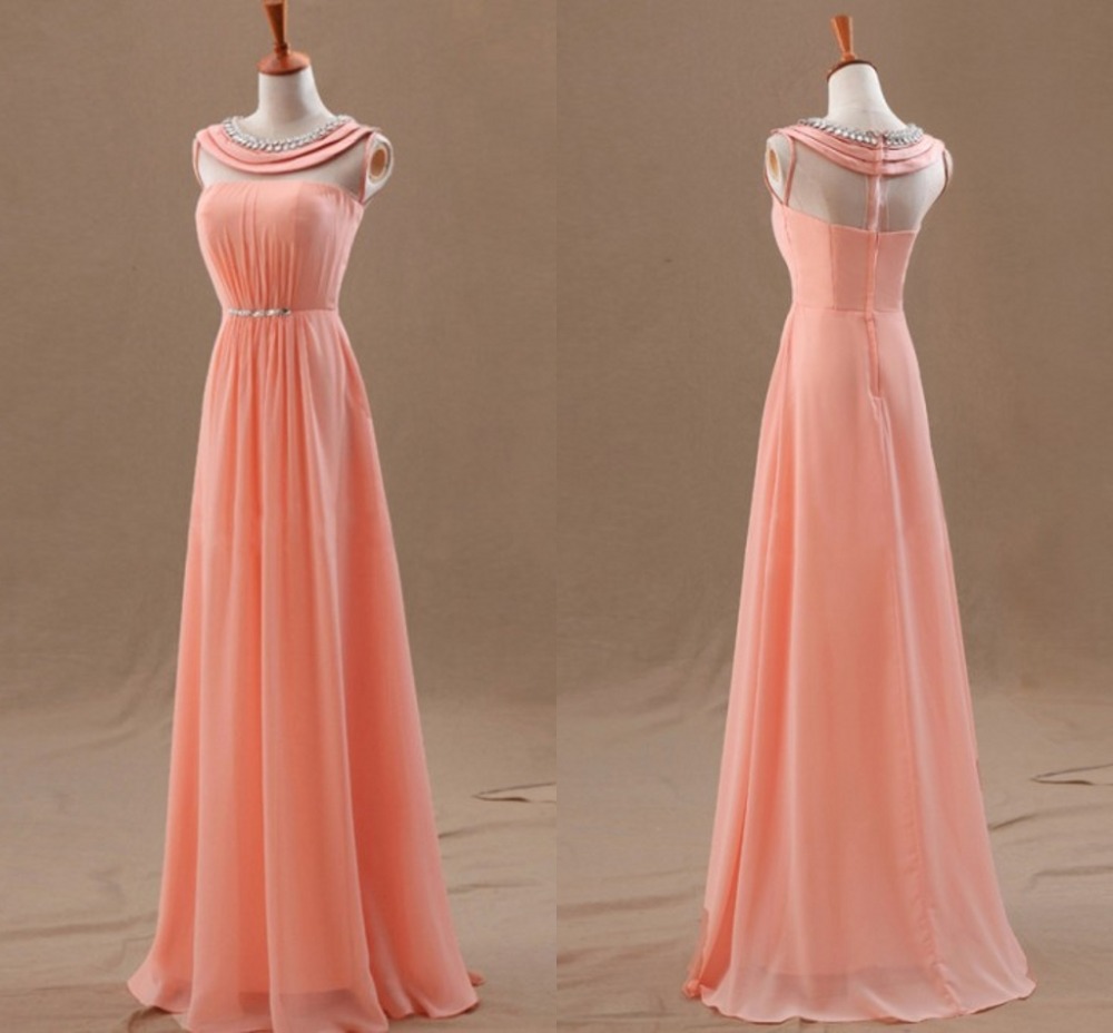 Lovely Style 2015 Coral A-line Floor Length Prom Dress With Round Line, Prom Dresses 2015, Evening Dresses, Handmade Formal Dress