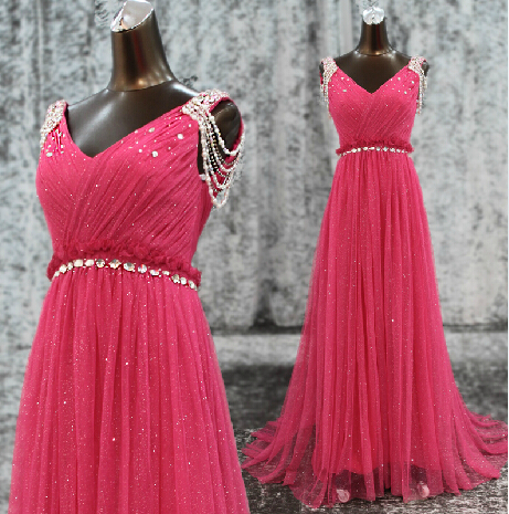 Sparkle Rose Red Chiffon A-line Floor Length Prom With Beadings And Sequins, Long Prom Dresses, Handemade Prom Dresses 2015