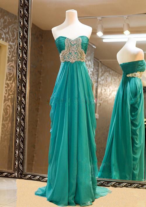 High Quality Chiffon Sweetheart Blue-green Floor Length Prom Dresses With Beadings, Long Prom Dresses, Handmade Formal Dresses, Evening Dresses