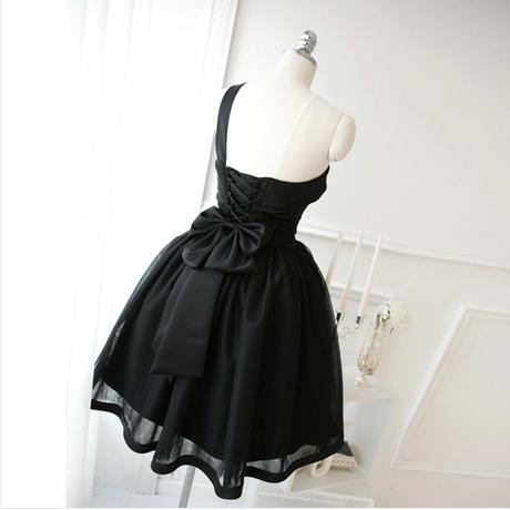Elegant Ball Gown Short Organza Black Prom Dress With Bow, Black Prom ...