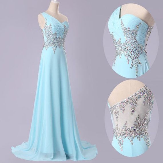 Handmade One Shoulder Blue Chiffon A-line Prom Gown 2015 With Beadings, High Quality Prom Dresses 2015, Prom Gown, Bridesmaid Dresses