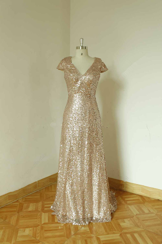 Sparkle Champange Sequined Aline Bridesmaid Dresses, Prom Gowns, Bridesmaid Dresses 2015, Evening Dresses With Cap Sleeves