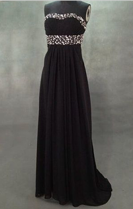 Sweet Black Open Back Chiffon Floor Length Prom Dreses With Beadings, Black Prom Dresses, Black Evening Dresses, Formal Dresses