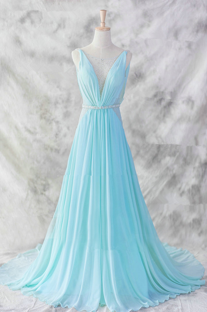 Pretty Baby Blue Chiffon Floor Length V-neckline Prom Gown 2017, Baby Blue Evening Dresses , Blue Formal Dresses, Formal Dresses