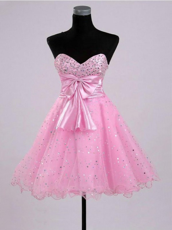 Custom-made Cute Pink Short Ball Gown Prom Dresses With Beadings And Bow, Cute Prom Dresses, Short Prom Dresses 2015, Homecoming Dresses