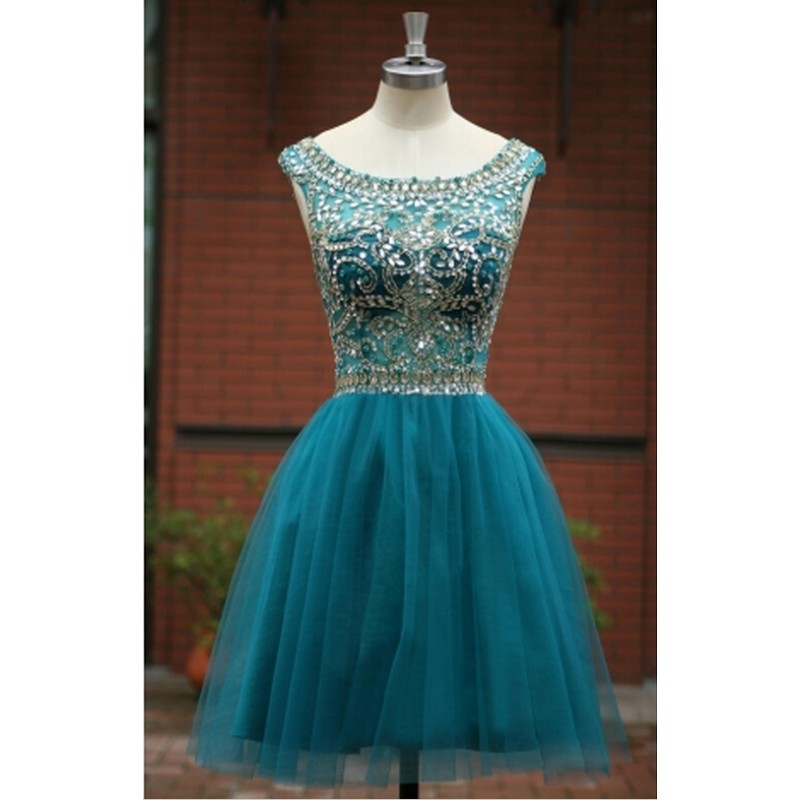 Handmade A-line Teal Knee Length Tulle Prom Dress 2015 With Beadings,evening Dress With Bow, Prom Dresses 2015, Graduation Dresses, Homecoming