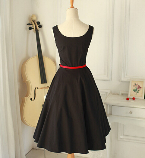 Elegant Simple Black Party Dresses With Red Belt, Vintage Black Dresses, Women Dresses, Black Dresses