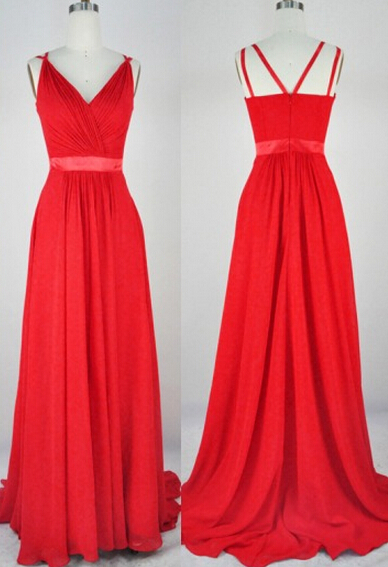 Gorgeous Red Chiffon Handmade V-neckline Floor Length Prom Dresses 2015, Red Prom Dresses 2015, Evening Dresses, Formal Dresses
