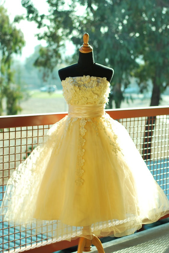Handmade Cute Yellow Ball Gown Prom Dress With Applique, Cute Prom Dresses, Ball Gown Formal Dresses, Evening Dresses