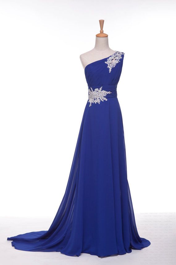 dark blue one shoulder prom dress