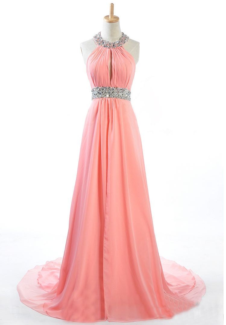 Made to Order Handmade Coral Halter Sequins Long Prom Dresses, Coral Prom Gown, Prom 2015, Evening Dresses