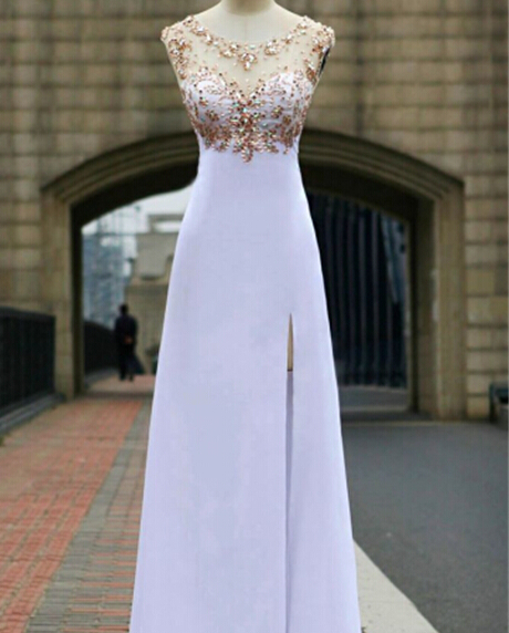 Gorgeous White Chiffon Open Back Long Prom Dress With Beadings, White Prom Dresses 2015, Chiffon Bridesmaid Dresses, Evening Dresses