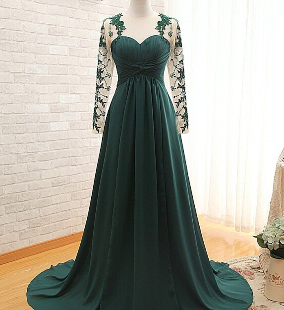 Handmade Long Sleeve Prom  Dress  Pleated Dark  Green  Long 