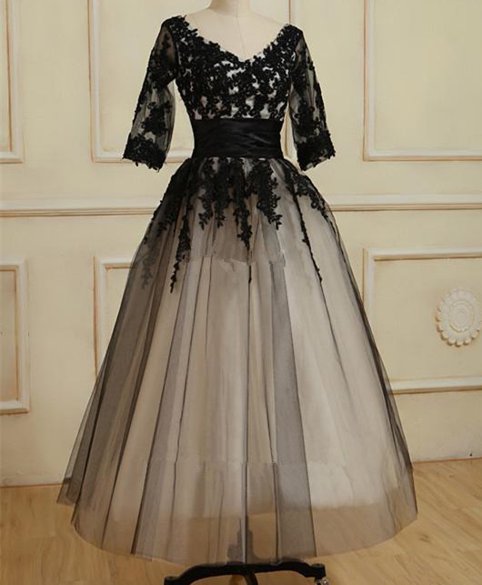 High Quality And Handmade Tea Length Tulle Gown With Lace Applique, Prom Gown, Mother Of Bride Dresses, Formal Dresses