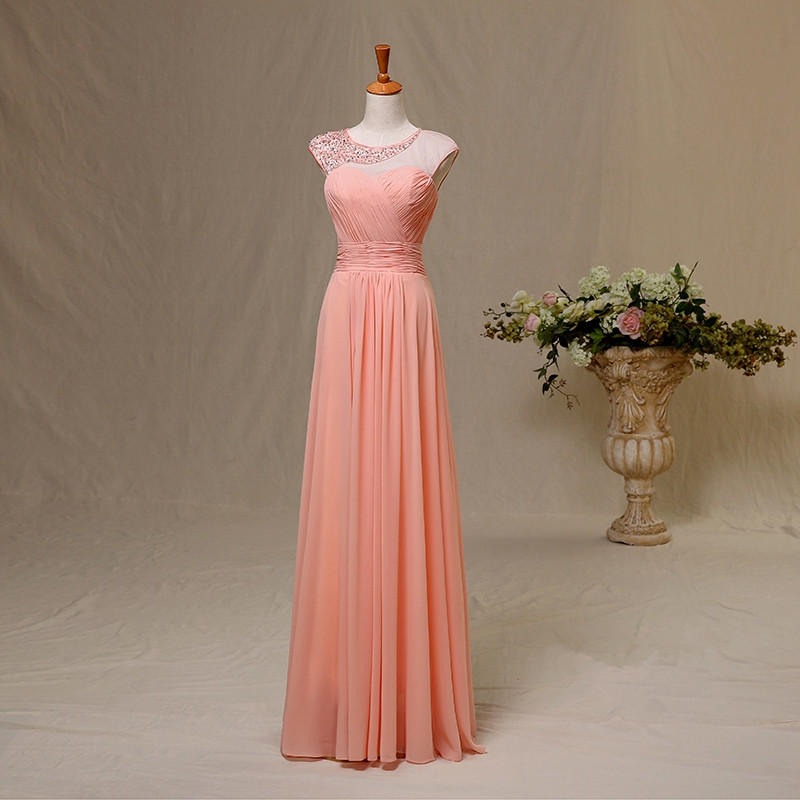 Handmade Coral Chiffon Round Neckline A Line Floor Length Prom Dresses With Beadings, Coral Chiffon Prom Dresses, Prom Dresses 2015, Evening Gown