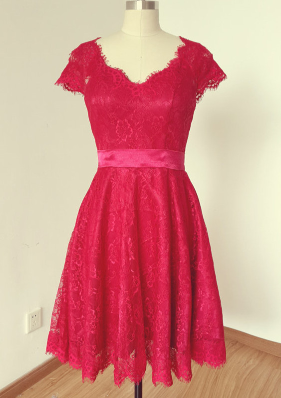 Handmade 2015 Cap Sleeve V-neck Red Lace With Sheer Tulle Back Short Prom Dress, Homecoming Dress, Graduation Dress