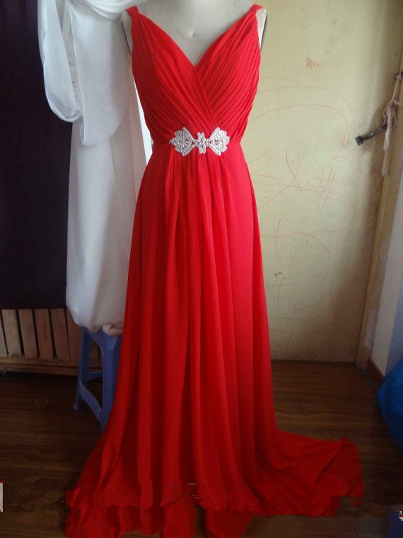 Sexy Red V-neckline Chiffon Prom Dresses 2015, Red Prom Gown, Evening Dresses, Bridesmaid Dresses