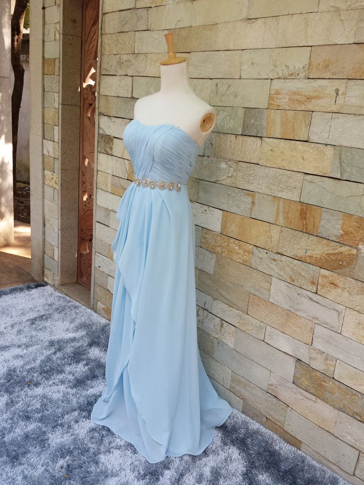 Custom Handmade Light Blue Chiffon Long Prom Dresses 2015,blue Prom Gown,simple Prom Dresses, Evening Dresses