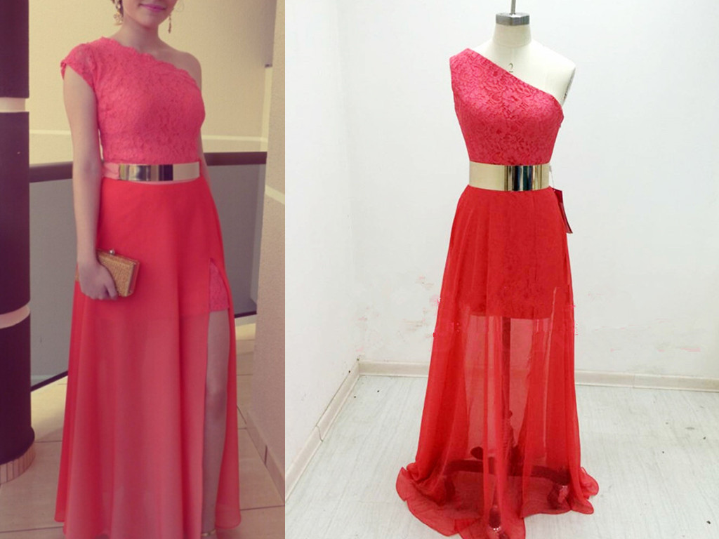 Pretty Watermelon One Shoulder Chiffon Prom Dress With Lace And Belt, Prom Dresses 2015, Formal Dresses, Evening Dresses