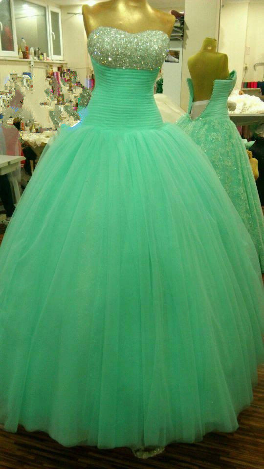 Pretty Mint Tulle Ball Gown Long Prom Gown 2015, Prom Gown 2015, Formal Gown, Handmade Formal Dresses