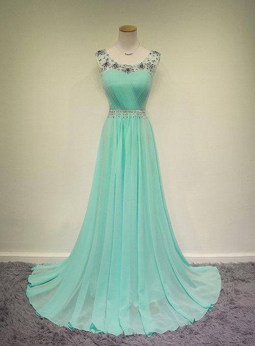 Pretty Mint Chiffon Long Handmade Prom Dresses 2015 With Beadings, Mint