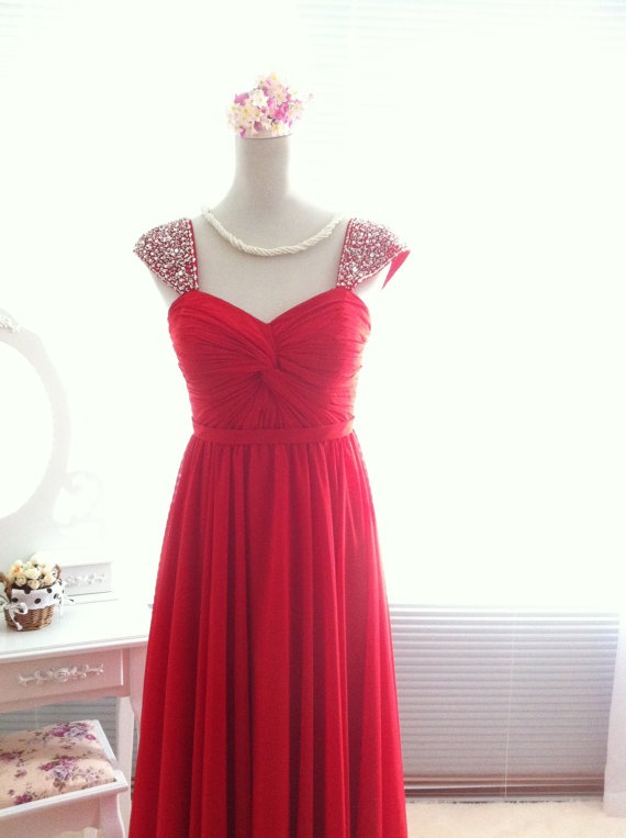 Pretty High Quality Red Straps Long Prom Dressess Lace-up With Beadings, Red Prom Dresses, Evening Dresses, Formal Gown