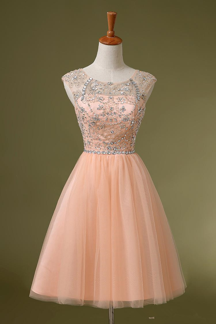 Lovely Short Pink Tulle Style Prom Dresses 2015 With Beadings Short Prom Dresses 2015 Formal Gowns Evening Dresses