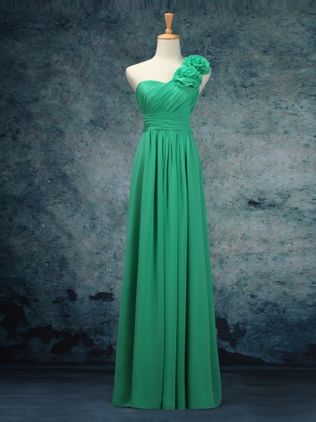 Pretty Handmade Green One Shoulder Bridesmaid Dresses With Flowers, Green Prom Dresses, Green Bridesmaid Dresses