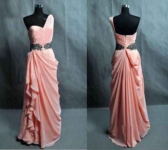 Delicate One-shoulder Peach Pink Chiffon Floor Length Part Dresses, Prom Dresses, Prom Dresses 2015, Dresses