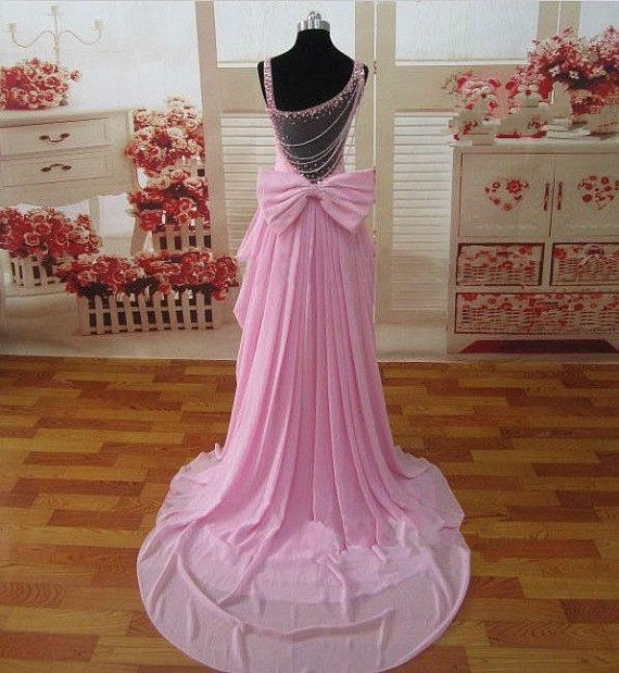 Pretty Lovely Pink Beadings Prom Dresses With Bow, Pink Prom Dresses, Prom Gowns, Evening Gowns