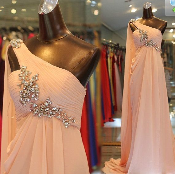 Pretty One Shoulder Pink Chiffon Long Prom Dress 2015, Evening Dress,formal Dress With Beads