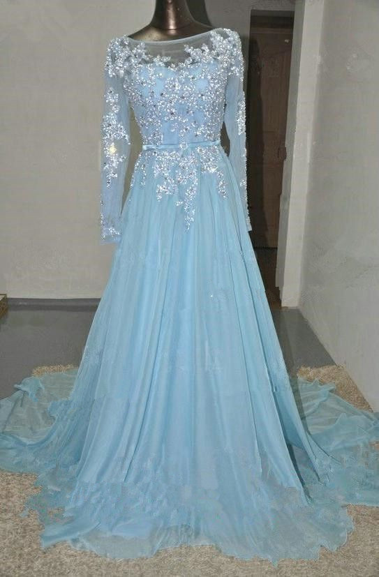 Pretty Mint Blue Chiffon Long Prom Dress With Applique And Beadings, Made To Order Prom Dresses,formal Dresses, Evening Gowns
