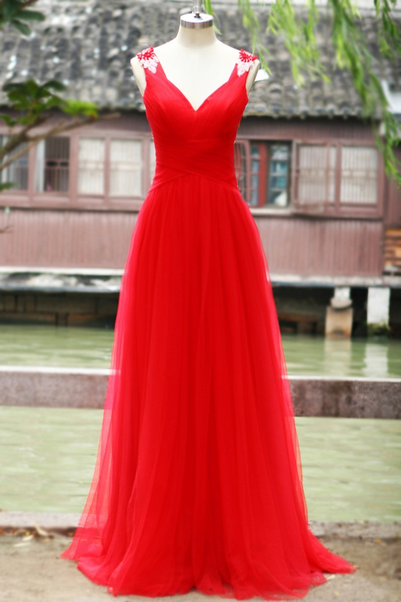 Pretty Red Tulle Long Sweetheart Open Back Prom Gowns 2015, Red Formal Gowns, Evening Gowns, Formal Gowns
