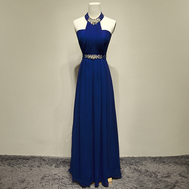 Pretty Elegant Blue Long Beaded Halter Neckline Long Formal Dresses, Blue Prom Dresses, Evening Dresses, Evening Gowns