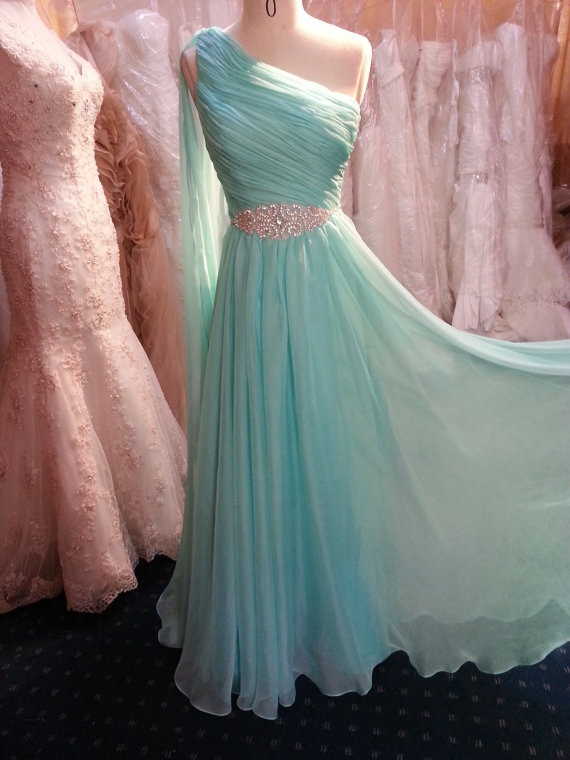 Pretty One Shoulder Mint Long Chiffon Prom Dress With Beadings, Long Prom Dresses, Prom Gowns, Evening Dresses