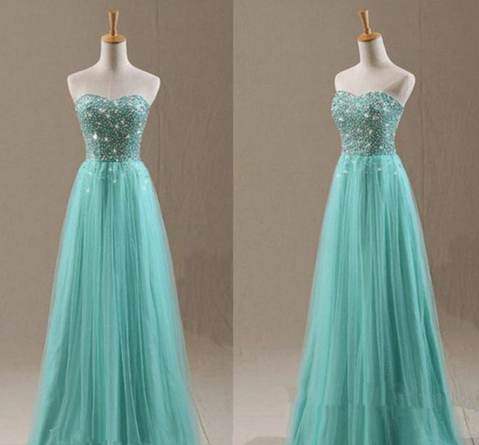 Pretty Handmade Blue Tulle Beadings Sweetheart Prom Dresses, Prom Gowns ...