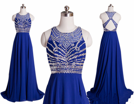 Pretty Handmade Royal Blue Beadings Long Prom Gowns, Evening Gowns, Formal Dresses, Prom Gowns 2016