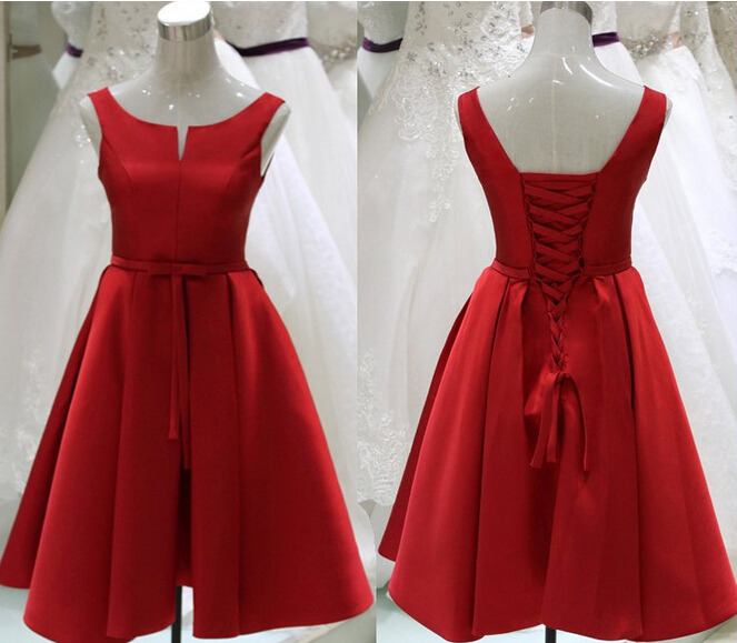 Pretty Red Sation Short Red Lace-up Prom Dresses, Short Red Formal Dresses, Graduation Dresses, Red Homecoming Dresses 2015
