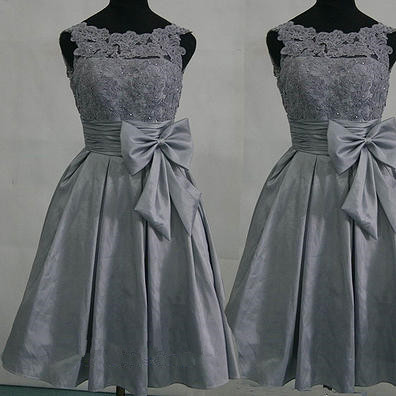 Pretty Grey Satin Handmade Knee Length Bridesmaid Dresses With Bow, Grey Bridesmaid Dresses, Knee Length Bridesmaid Dresses