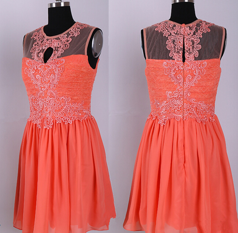 Pretty Coral Lace Knee Length Chiffon Bridesmaid Dresses, Coral Bridesmaid Dresses, Short Prom Dresses, Homecoming Dresses