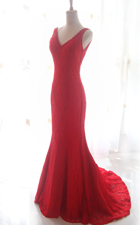 Pretty V-neck Lace Red Evening Dresses Sweep Train, Prom Gowns, Red Prom Gowns, Formal Gowns