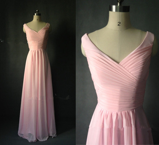 Pretty Pink Straps Long Chiffon Bridesmaid Dresses, Pink Chiffon Prom Dresses, Pink Formal Dresses, Bridesmaid Dress