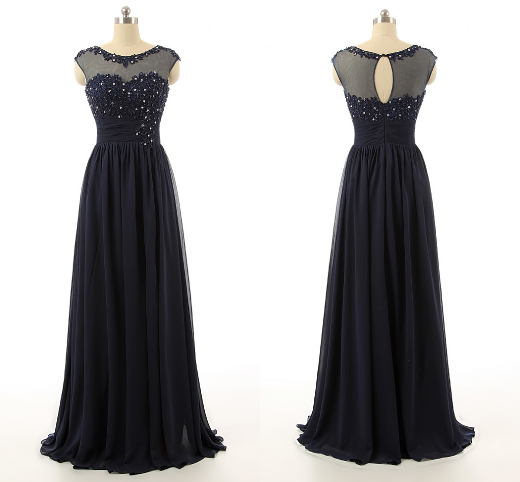 Navy Blue Floor Length Chiffon A-line Prom Dress Featuring Lace Appliqués And Beaded Embellished Sweetheart Illusion Bodice