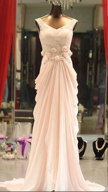 Charming Light Pink Chiffon Prom Gowns With Lace, Pink Prom Gowns, Prom Dresses, Formal Gowns, Evening Dresses