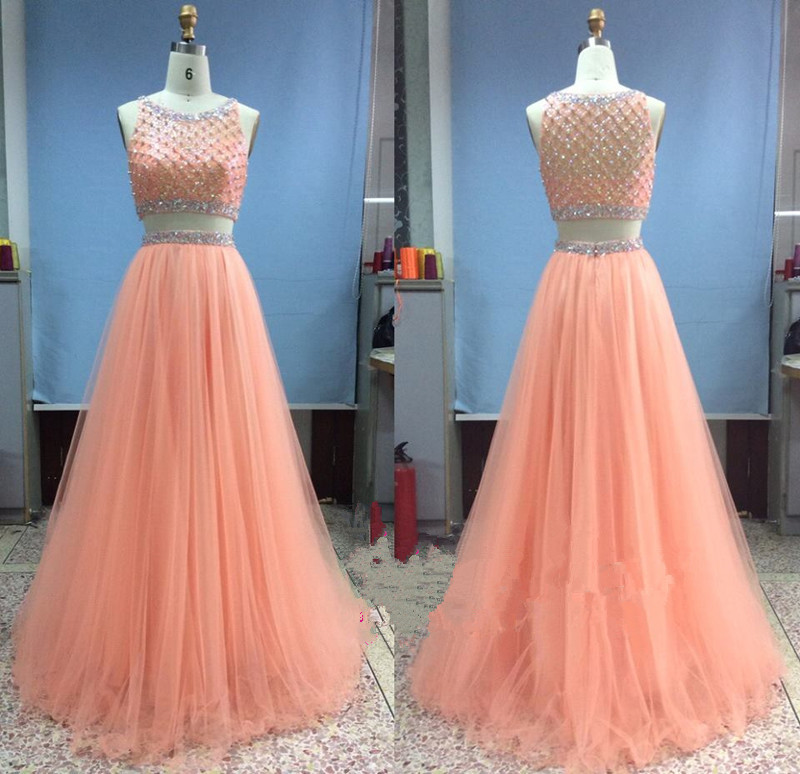 Pretty Tulle Long Beadings Two Pieces Light Coral Prom Gowns, Prom Dresses 2016, Evening Gowns, Evening Dresses, Formal Dresses