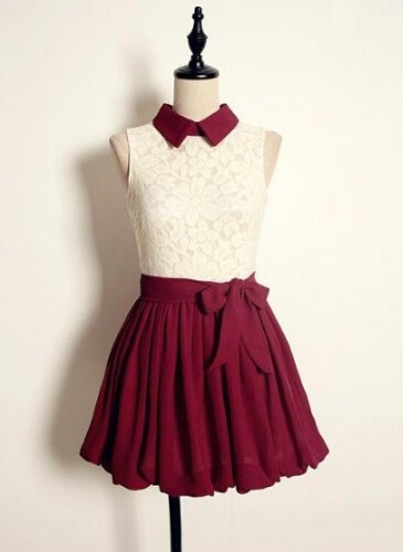 Pretty Maroon/burgundy And White Lace Dress With Cute Collar, Summer Dresses, Women Dresses, Lace Dresses